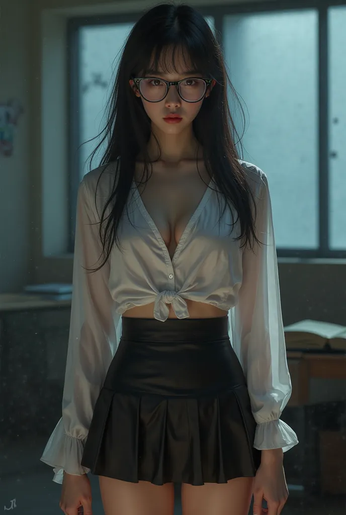 Korean girl, Sexy，fashionable，Cold，  on t ，Hips，teacher uniform，long sleeve white transparent shirt， skirt，cleavage, naked,  glasses，student， Classroom 