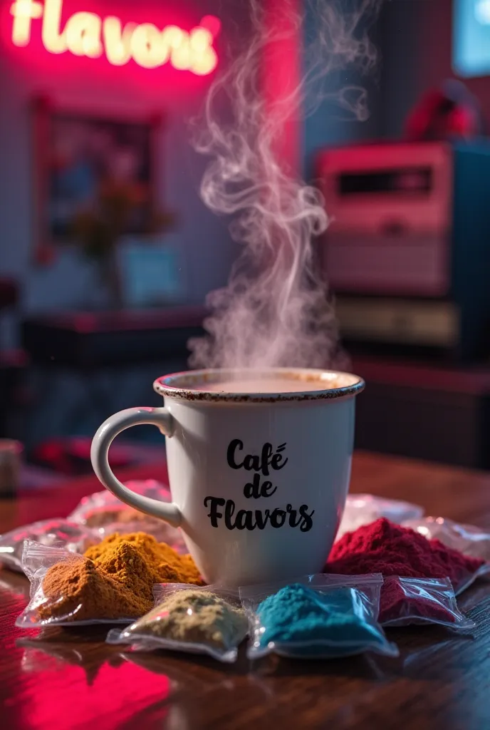 A cup of coffee that emits smoke and says the word "Café de Flavors" on a table against the background of a home music studio with neon lights, And around the cup they find small transparent bags of brightly colored powder