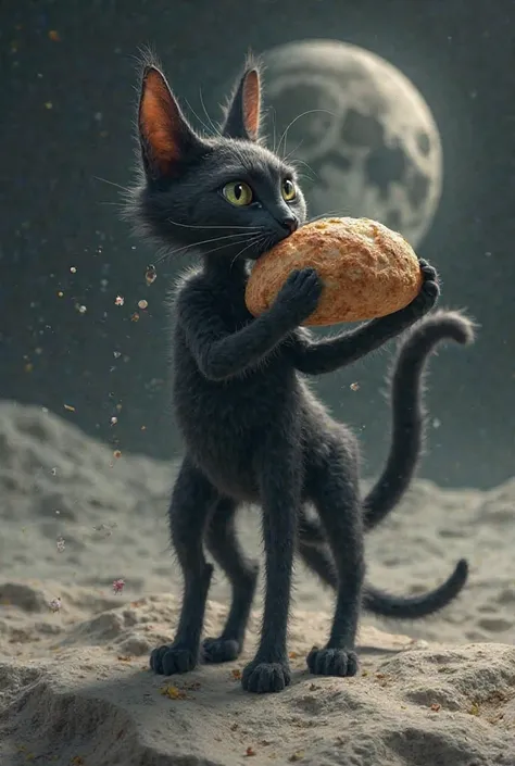 8-legged cat eating bread on the moon