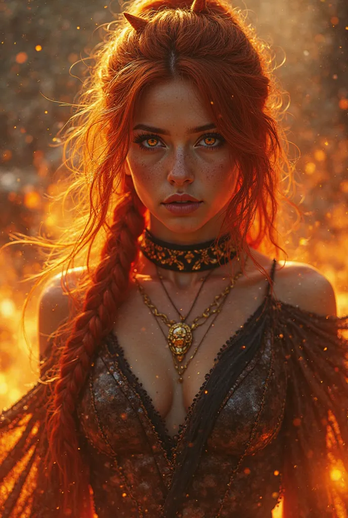 Fantasy book cover. Real fansrt. A background of flames and leftovers and smoke. A young fighter with reddish copper and gold hair with golden eyes and sharp eyes. She will be the best of all and be the most powerful reborn dragon. Real fanart. book cover 