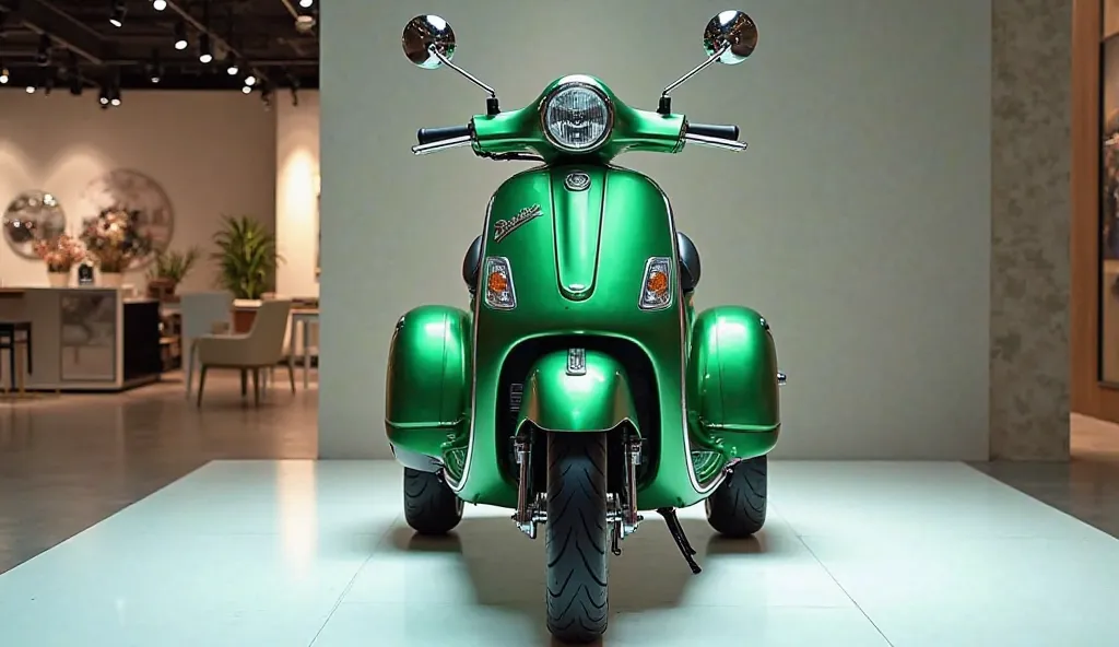  New 2025 Vespa GTS 3 wheel scooter in the full front view showroom pick full hd green color 