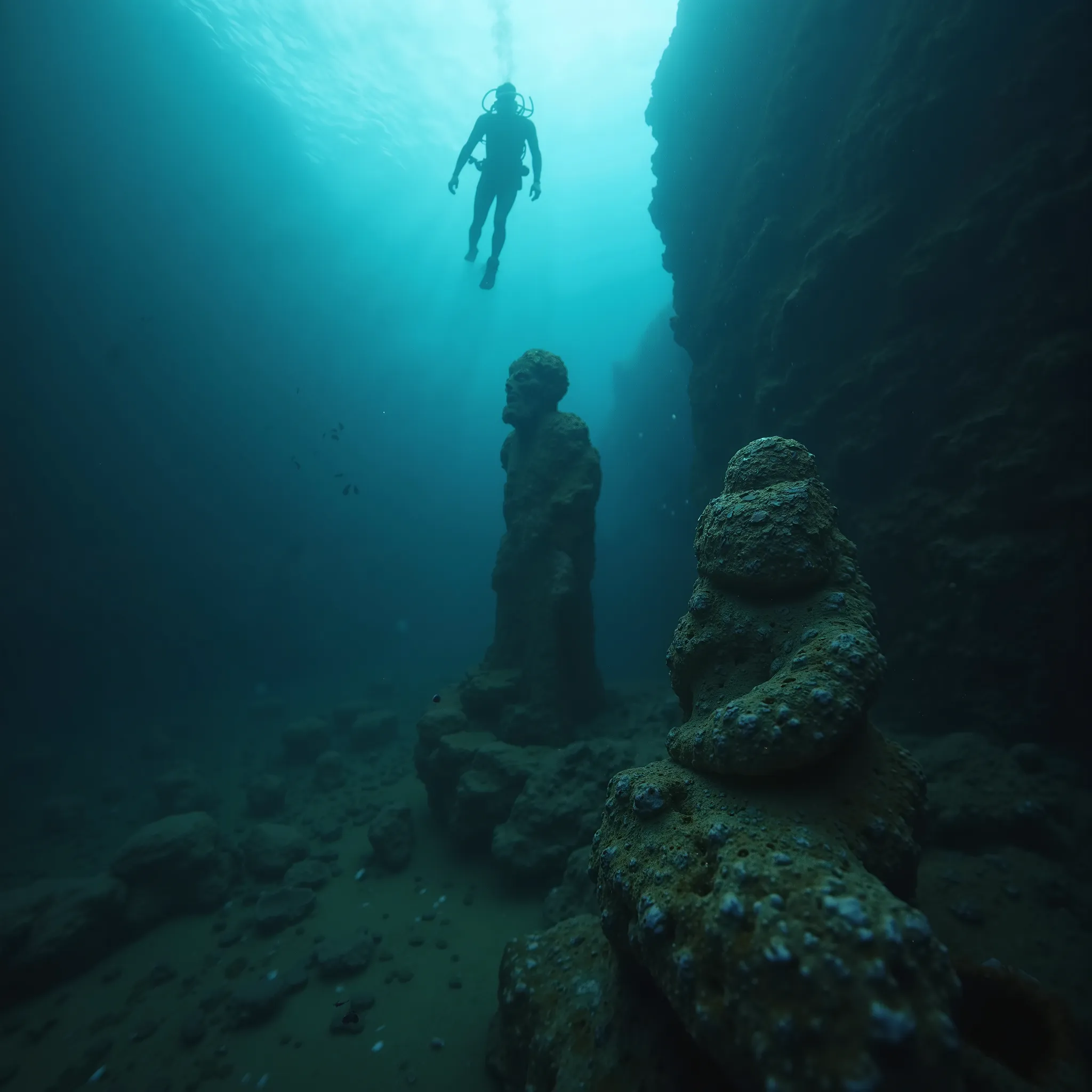 A wide shot shows the deep-sea diver now far from the statue, swimming into the shadows. Below, the ancient stone statue is barely visible in the darkness, its form fading into the abyss. The surrounding water is murky, with only faint beams of light filte...