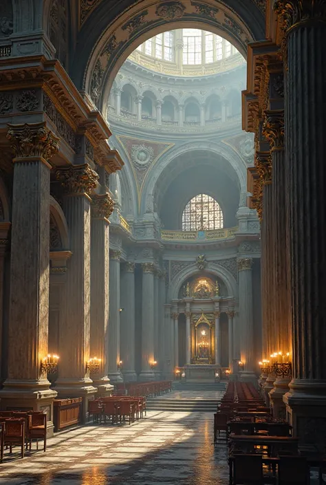 The inside of St. Peter's Basilica, which looks mysterious