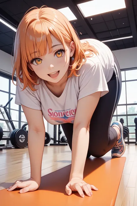 a girl, on all fours, cel anime, full body shot, sunlight, Light_RedOrange, plump, t-shirt, Joyful Scene, ager, boyish, glad, high quality, masterpiece, best quality, detailed, ultra detailed, hyper detailed, insanely detailed, exquisite, beautiful, in the...