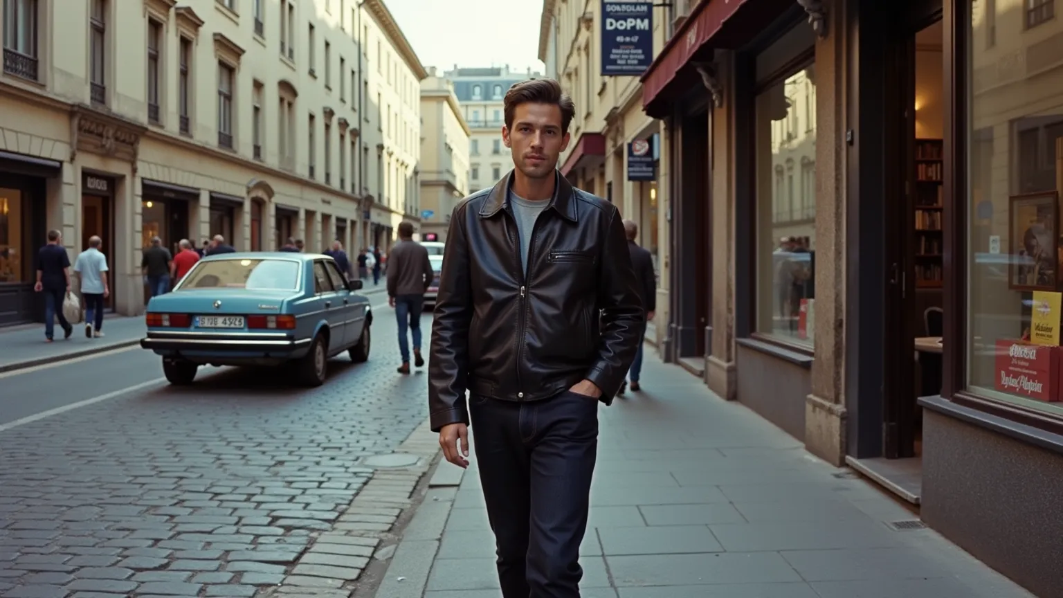 A sunny day in a European city. Shop windows are visible. Cars from the 1980s drive along a cobbled road. Pedestrians on the sidewalks. A guy, fair skin, short dark hair, bangs combed back. He is wearing a black leather jacket, dark jeans and black shoes, ...