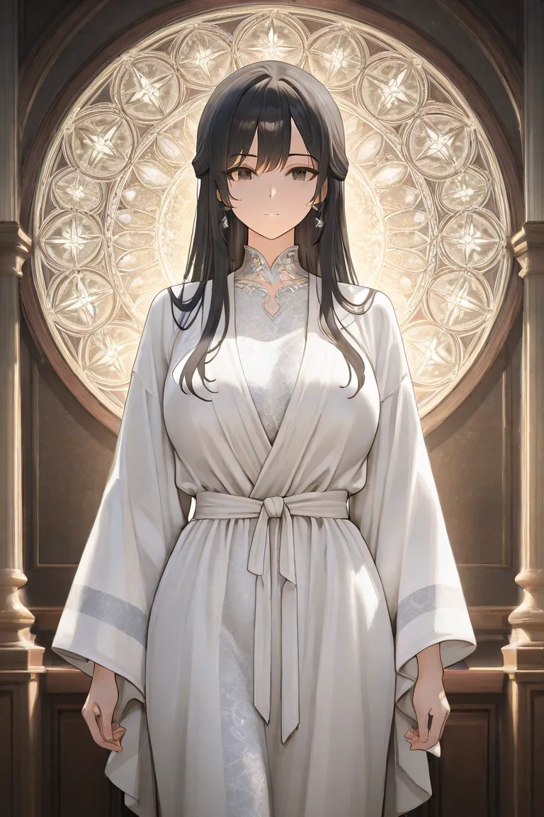 A beautiful woman with black hair, brown eyes, large breasts, wearing a white robe with silver accents, 