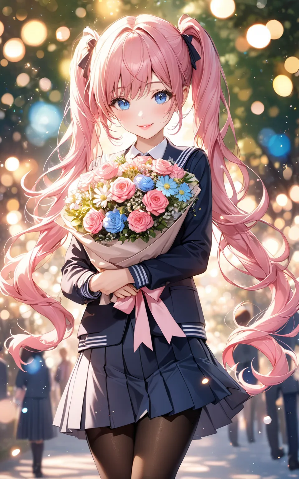 beautiful hands, black pantyhose, particles light,
school uniform, (bokeh:1.2), flowers park,
very cute and beautiful girl, (Pink hair:1.2), blue eyes, long hair, beautiful lips, smile, pigtails, bouquet, curl hair, 