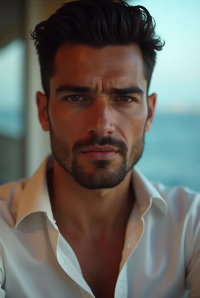 
a close up of a man with a white shirt and, a character portrait , em uma varanda no interior de um hotel com vista para o mar, a noite, haircuit mid fade, dark hair, no beard, detailed face, lighting highlighting facial features, relógio patek no pulso, ...