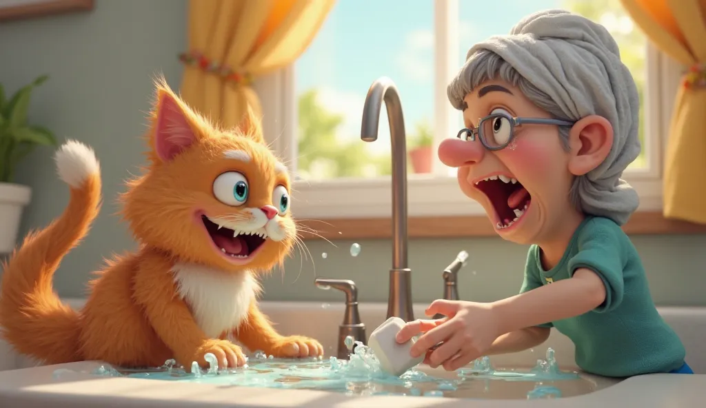 "A semi-cartoonish 3D game screenshot of a mischievous cat splashing water in the bathroom sink, creating a mess. The granny, with a towel wrapped around her head, is angrily pointing at the cat with a bar of soap in hand. The cat, with wet fur and a cheek...