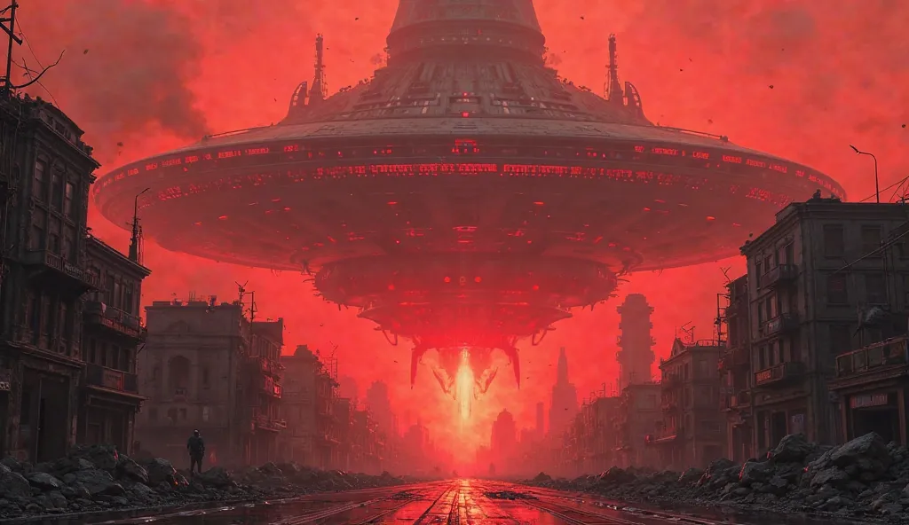 A giant spaceship obscures the sky, bright red light shines down on the desolate city