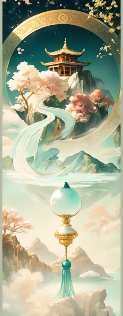 （（Best Quality））， （（ masterpiece））， （ detailed）， National style texture，exquisite gilt octagonal pavilions wrapped on top of mountains and flowing clouds，Hidden peach blossoms and green pines，Silky flow and mist，exquisite tassels，Pearls and jade are exquis...