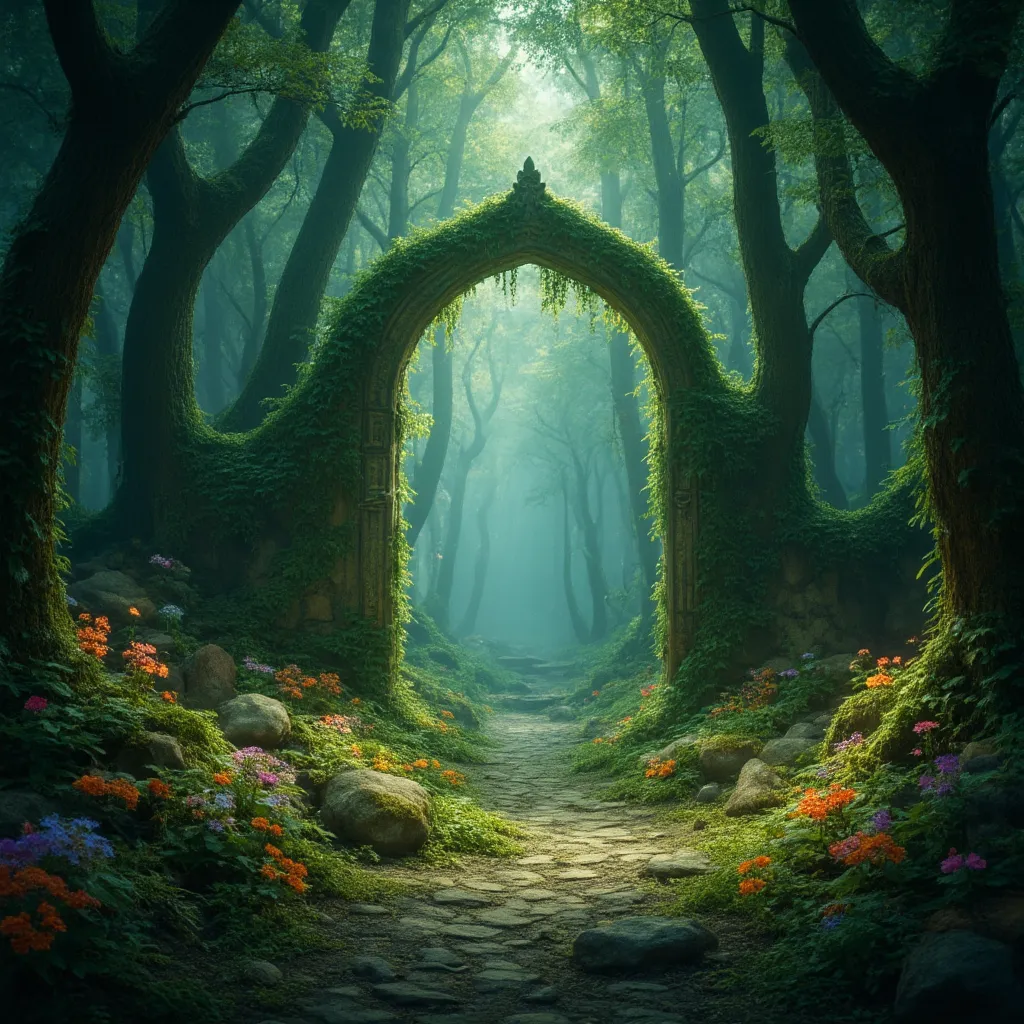 mythical forest, enchanted, folklore, lore, architecture, space in middle, flowers, floral, lines, arch, magical forest, glow, fireflies, mythology