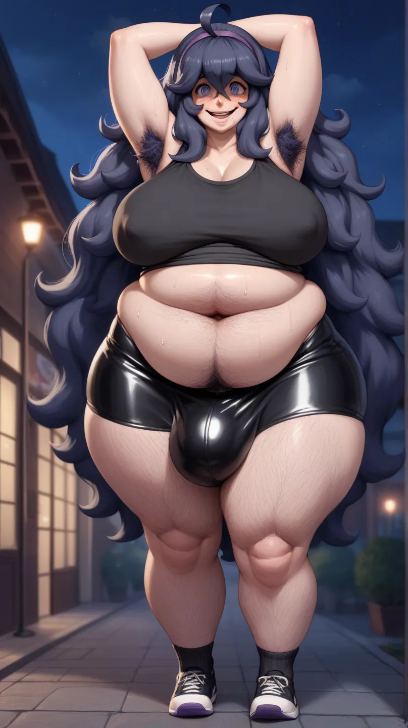 futanari pokemon trainer hex maniac (chubby belly; wide hips; thickness chubby arms and legs; hairy body(gigantic widen huge pubes, huge hair on belly, huge long armpit hair, little thigh hair), armpit sweating), wear(black top shirt, black short skirt, hu...