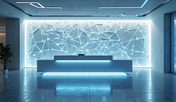 A futuristic office reception with a high-tech illuminated feature wall behind the reception desk. The wall is composed of geometric, parametric patterns that subtly glow with embedded LED strips, resembling a digital interface. The reception desk is a sle...