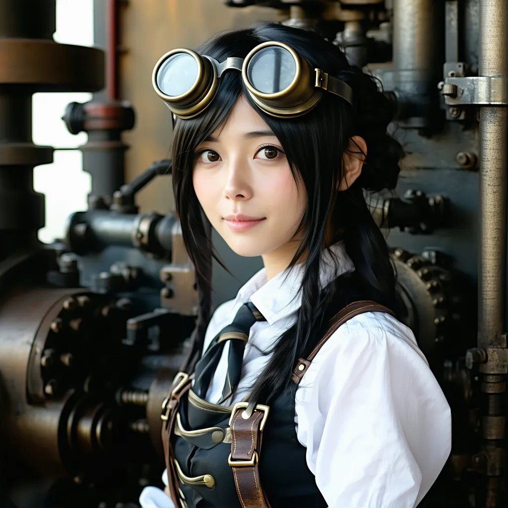 A japanese girl, beautiful, engineer, bronce steampunk goggles, black hair, steampunk style clothes, on a machinery room