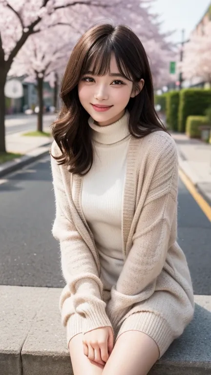    feminine   、nature、bangs、 I want you to notice 、 natural 、 vibes、 real 、street、 from below、Thigh quadriceps、Street trees with cherry blossoms、Early Spring Streetscape、1 Lady Solo, / Cardigan 、 turtleneck knit dress、 /( dark brown hair/) ,    Gentle Smil...