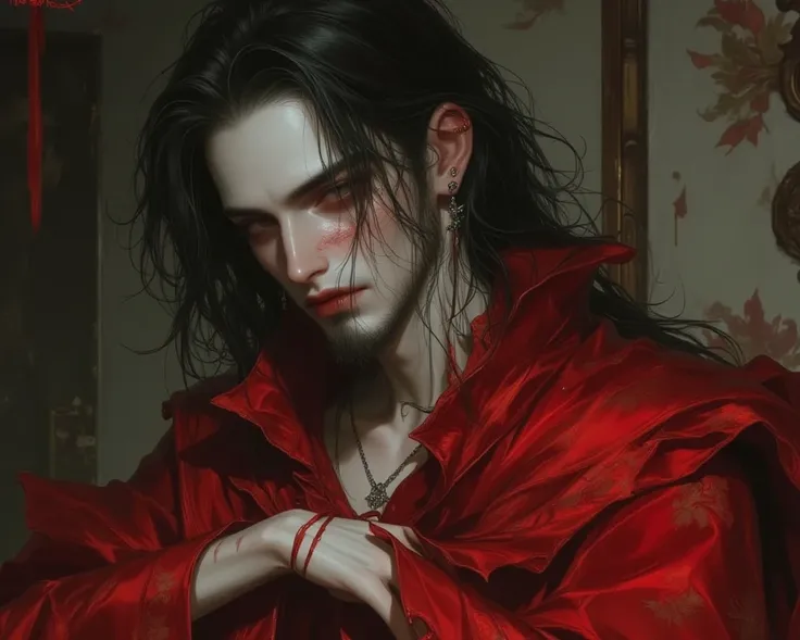 A pale man with red eyes, black long hair, wearing a red Chinese wedding dress, There is a wound on the neck from being neck-tied, is the ghost of the groom. , the background is an abandoned house. Solo, High Definition, A red thread is tied around the wri...