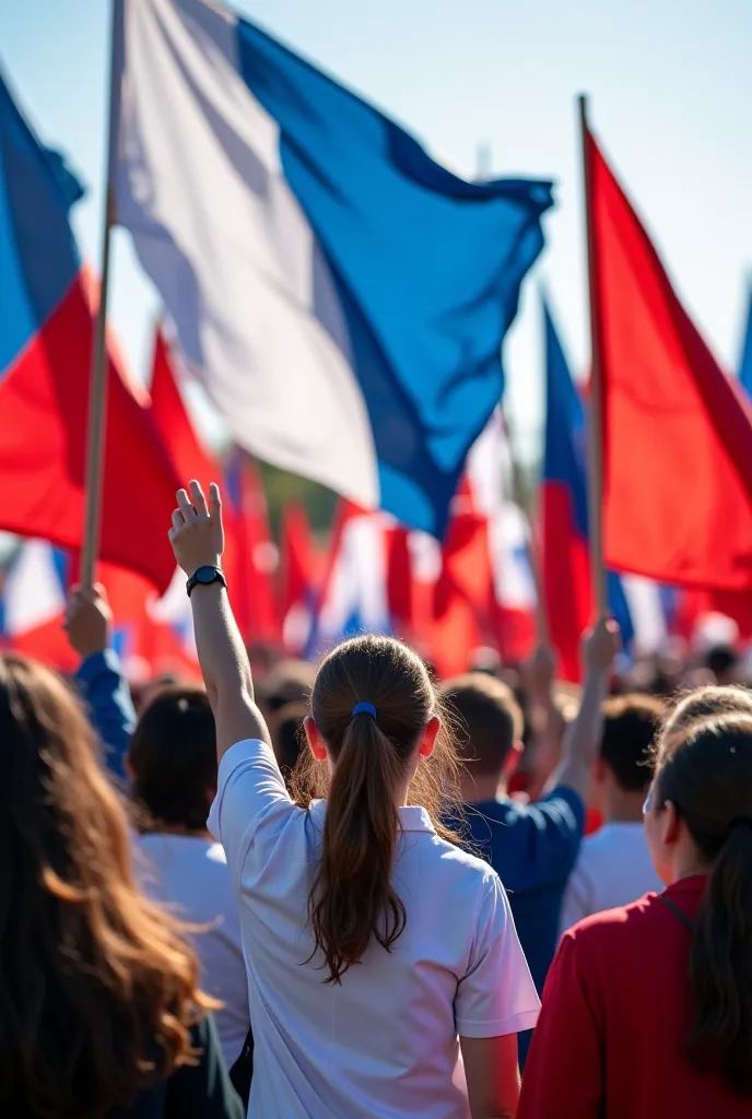 Group of supporters protesting with colored flag, white,  blue and red  y ropa de color white,  blue and red  