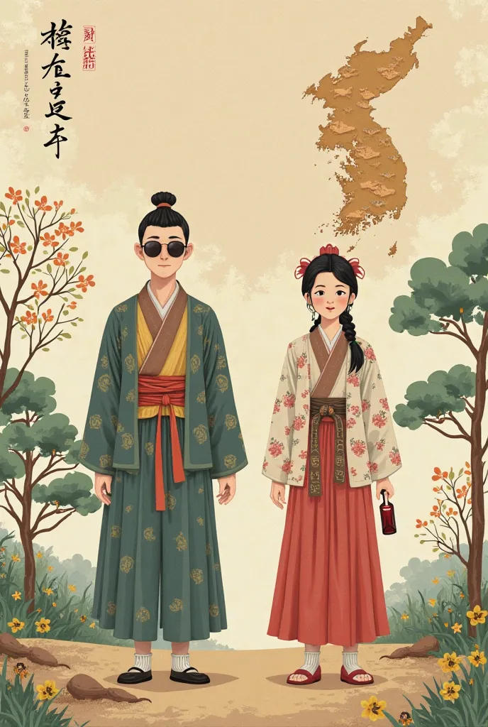  Joseon Dynasty , Map of South Korea and background of walking in nature , 2 men and women , sunglasses for 2 people , Hansone map , One Hand Sake Bottle ,  Drunk face ,  cute image  , 복장  Joseon Dynasty 흰색 한복 , looking in front , full body image , Boys an...