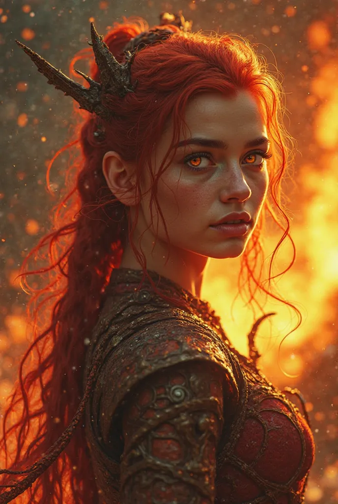  Fantasy book cover. Real fansrt. A background of flames and leftovers and smoke. A young fighter with reddish copper and gold hair with golden eyes and sharp eyes. She will be the best of all and be the most powerful reborn dragon. Real fanart. Book cover...