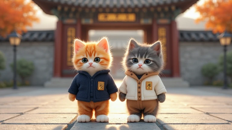 Photorealistic, highly detailed, ultra-realistic, front view. Two cute, chubby kittens standing in front of a traditional Korean-style school gate with a well-designed background. The first kitten has orange stripes, while the second kitten has gray stripe...