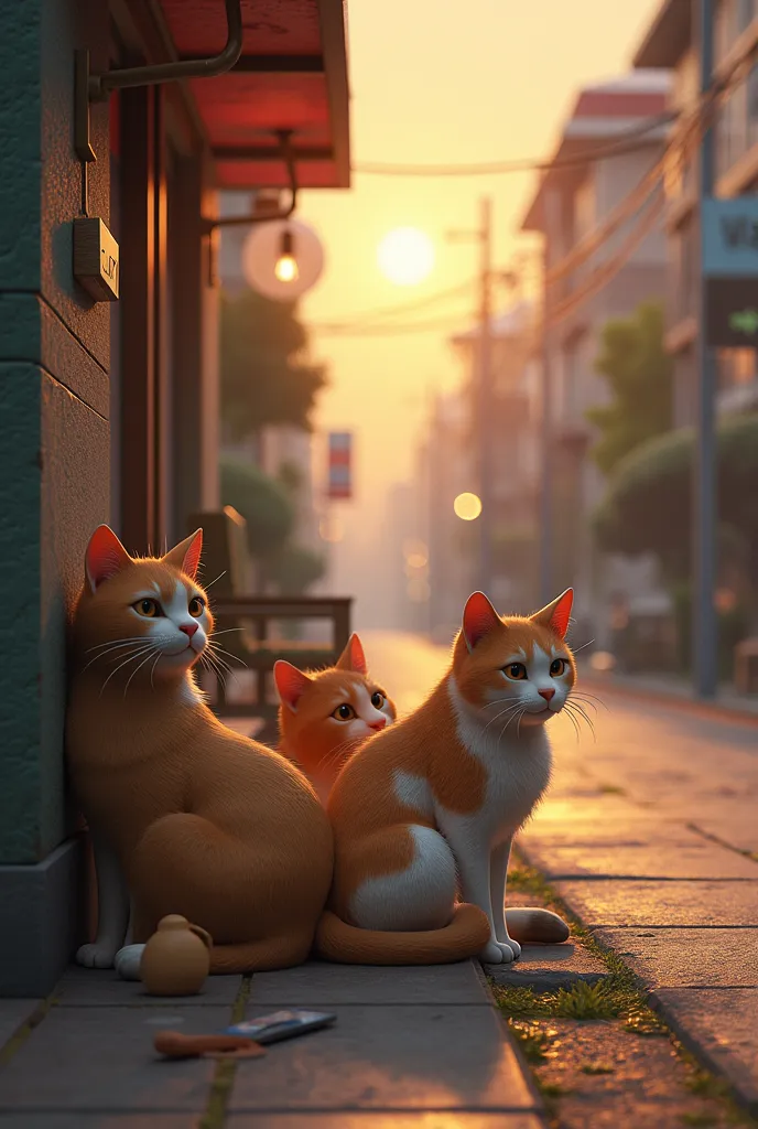 Some weak cats with poor dress sitting next to a street. It's about to sun set