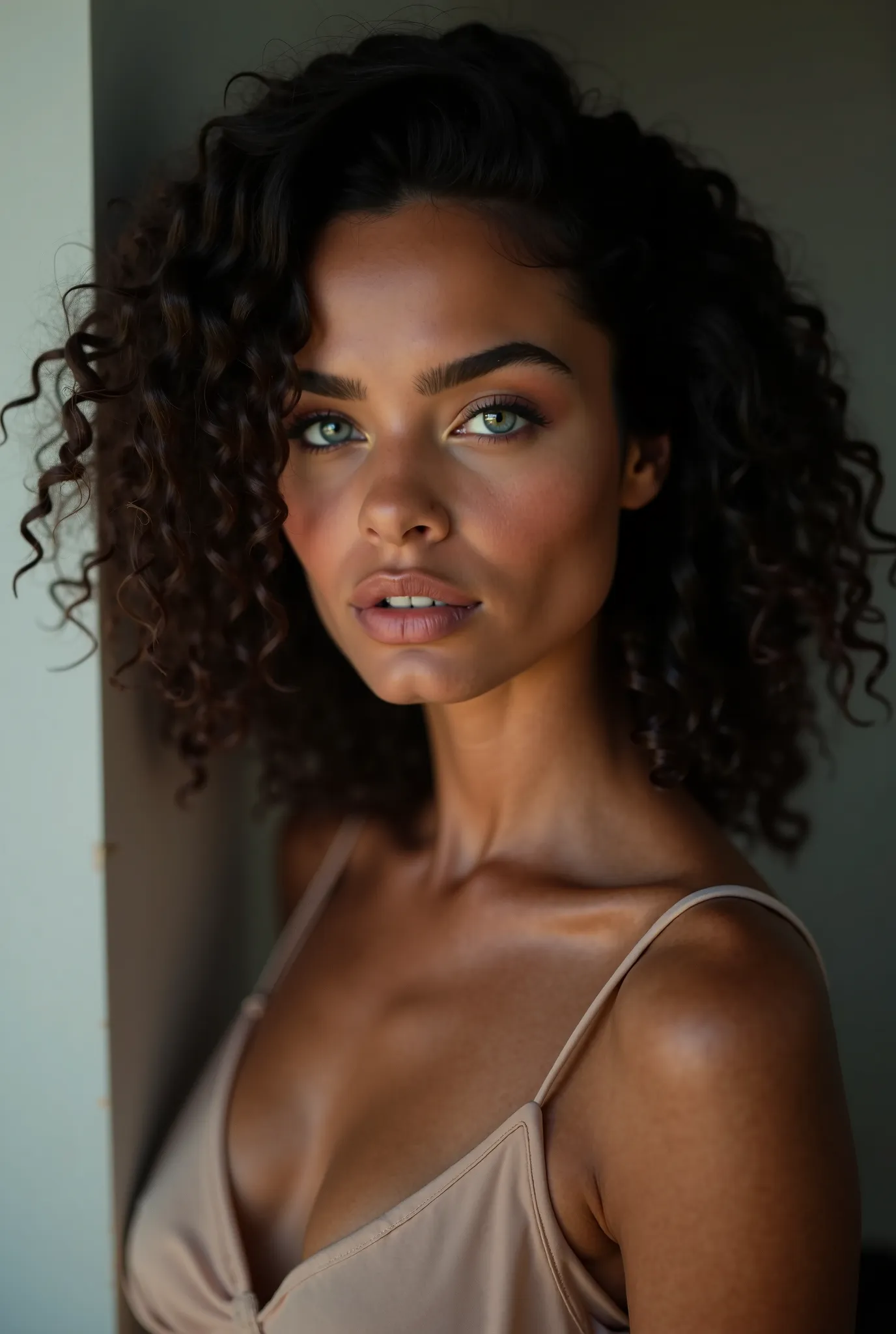 Create a prompt of a Brazilian model with curly hair and blue eyes with sexy photos and make her look very realistic 50 photos