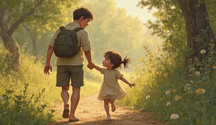 A small girl running towards her father with tears in her eyes, calling out to him.