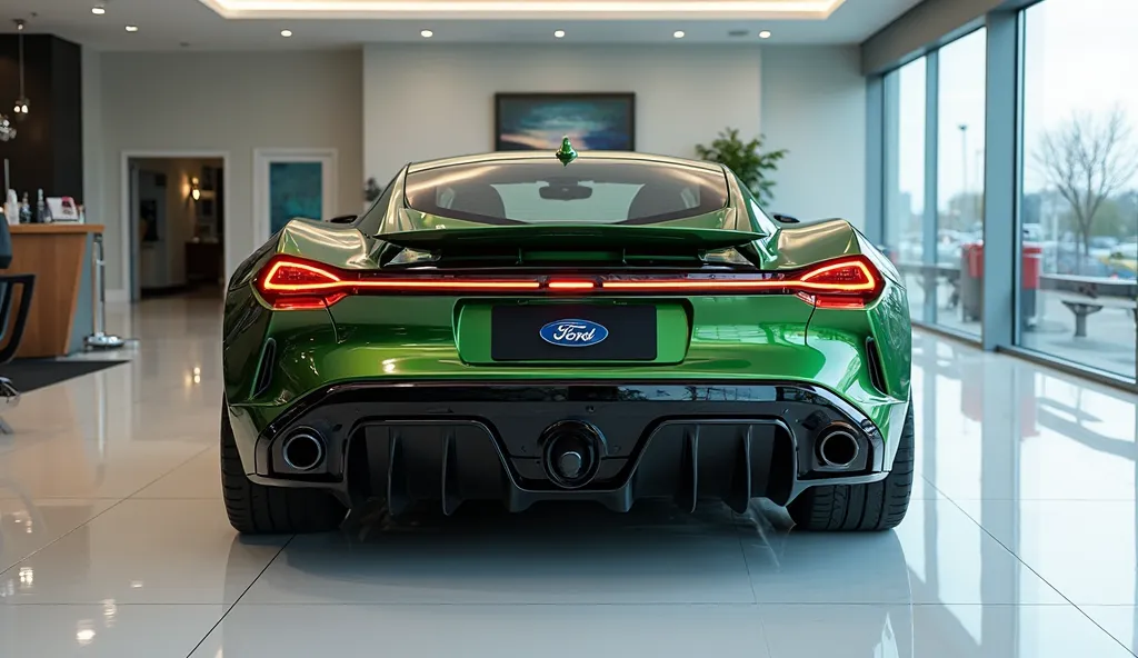 Back centered view of a painted bold with shiny color ( 2025 ford maverick)large shape in large size with (ford logo on its large detailed grille in shiny green color with black with angular sporty design, captured from a back side view with modified sleek...