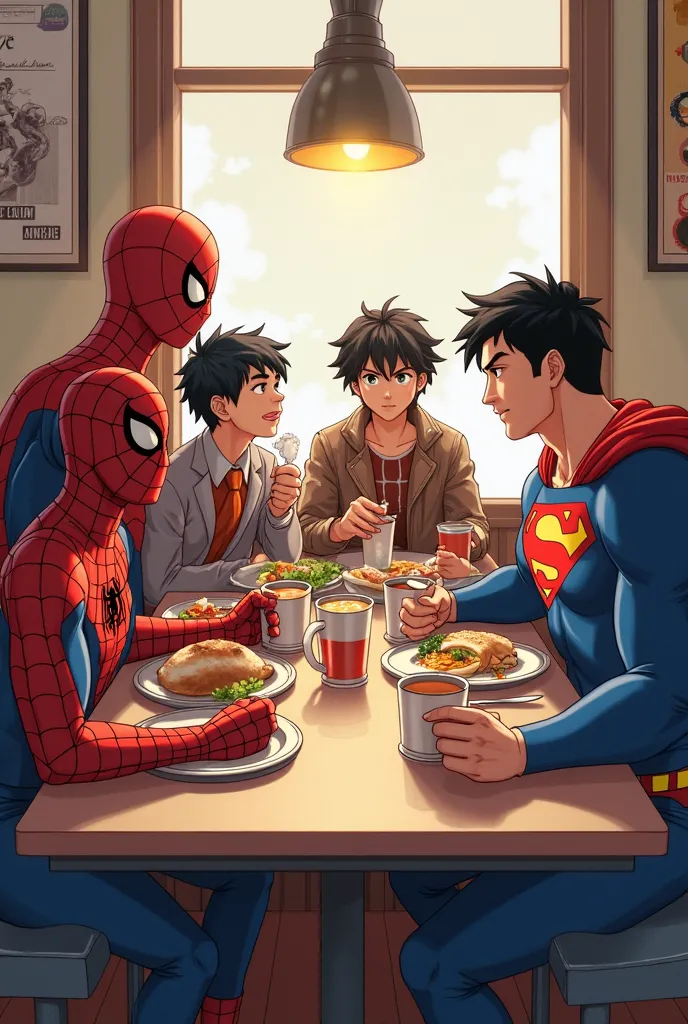 Spider-man, deku, Invincible and Superman having lunch