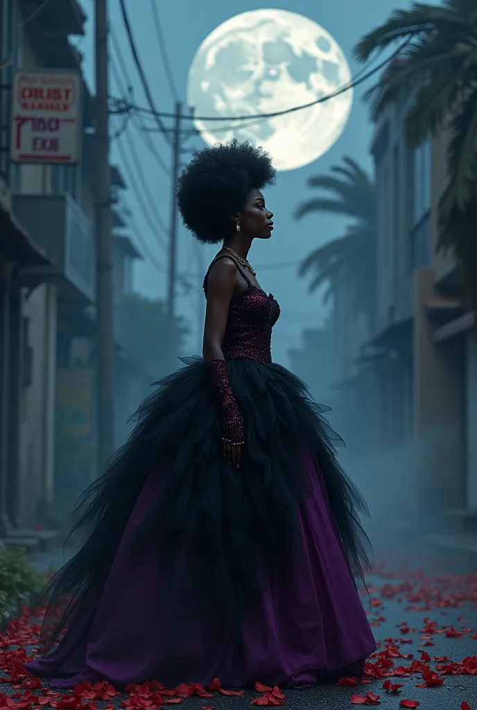 An afro-haired woman in a bulky purple and black dress drinking and looking at the moon on a dark street with fog and red flowers on the floor