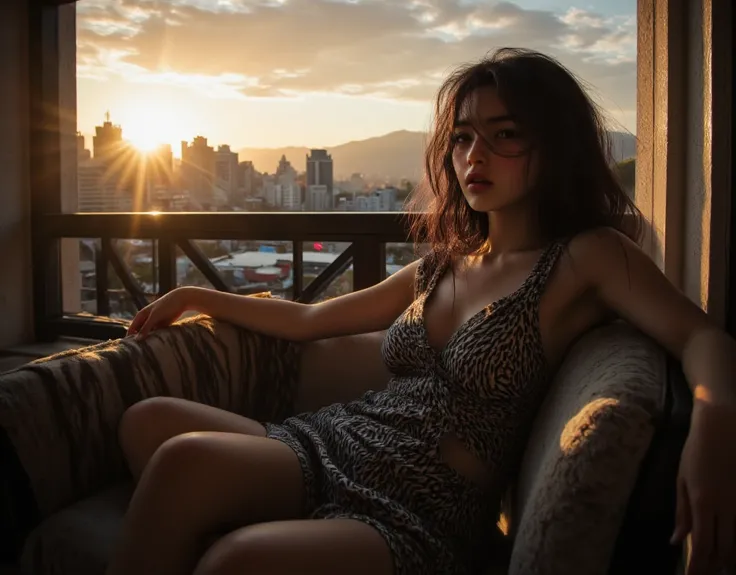 (mountain with city in the background) (Large perky breasts) Flash photography, gyaru, Aesthetically pleasing cinematic composition, epic perspective, dramatic lighting and shadows, symmetrical and detailed, Cute girl with small perky breasts in a black an...