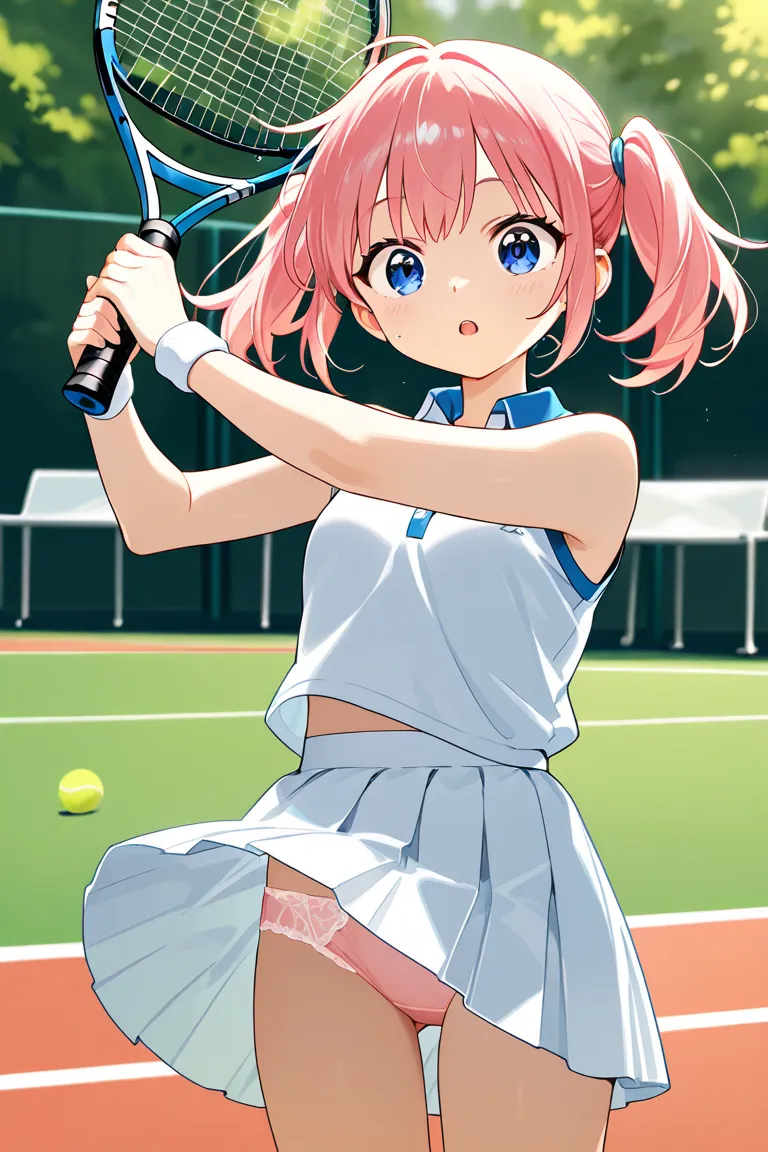 1 girl, panty shot, pink hair, twintails, playing tennis, skirt, wind lift, shy,  blush, surprised, masterpiece