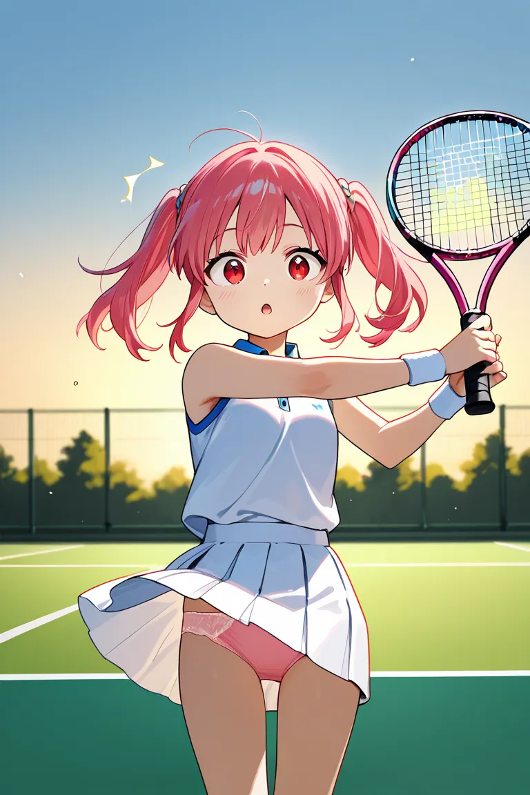 1 girl, panty shot, pink hair, twintails, playing tennis, skirt, wind lift, shy,  blush, surprised, masterpiece