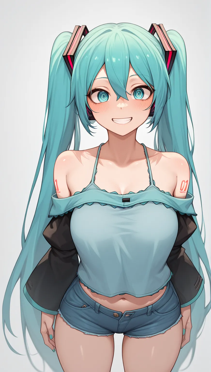 (((slumped shoulders blouse, e short jeans)))), (((big)))),   intoxicated eyes  ,  smile ,   Hatsune Miku,