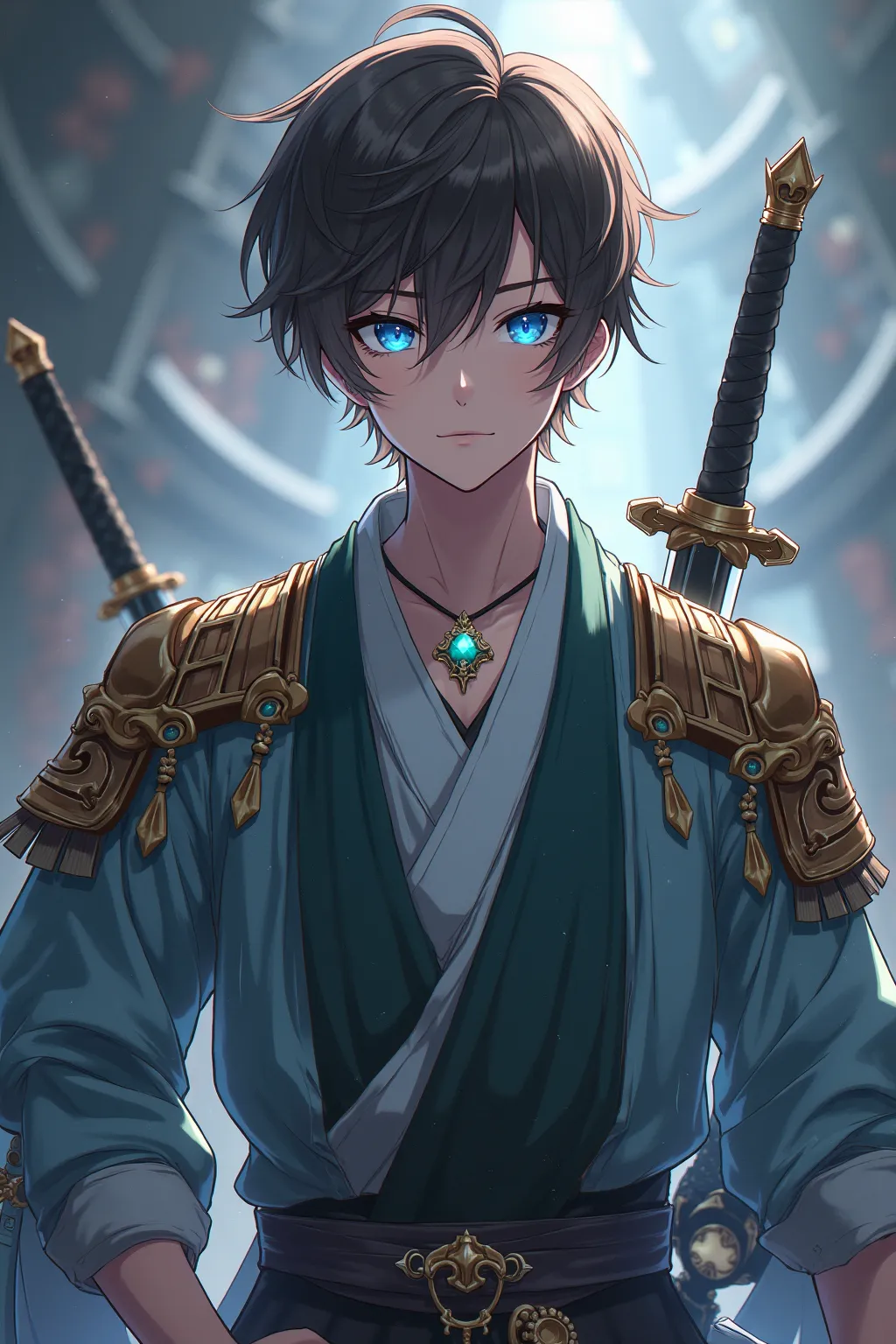 Anime, Male samurai, attractive, brown short hair, blue glowing eyes, necklace with an emerald attached, light samurai armor, combat ready, single spiritual elemental katana. full body view.