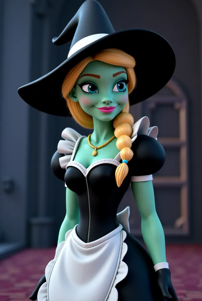 Elsa is a character from Frozen. 3D. She has emerald green skin. She has blonde hair. She has a curvy figure and big breasts. She is wearing a black witch hat, a cute maid dress with puffy white sleeves, white apron, and black dress, and black gloves. She ...