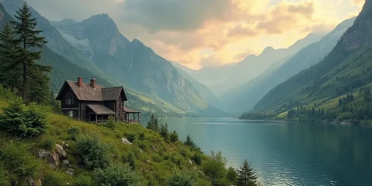 English Prompt (if needed):

"A vast landscape of lush green mountains with a richly verdant natural environment. Nestled among the hills is an old wooden house with handcrafted details. Right beside the house is a serene, clear lake reflecting the blue of...