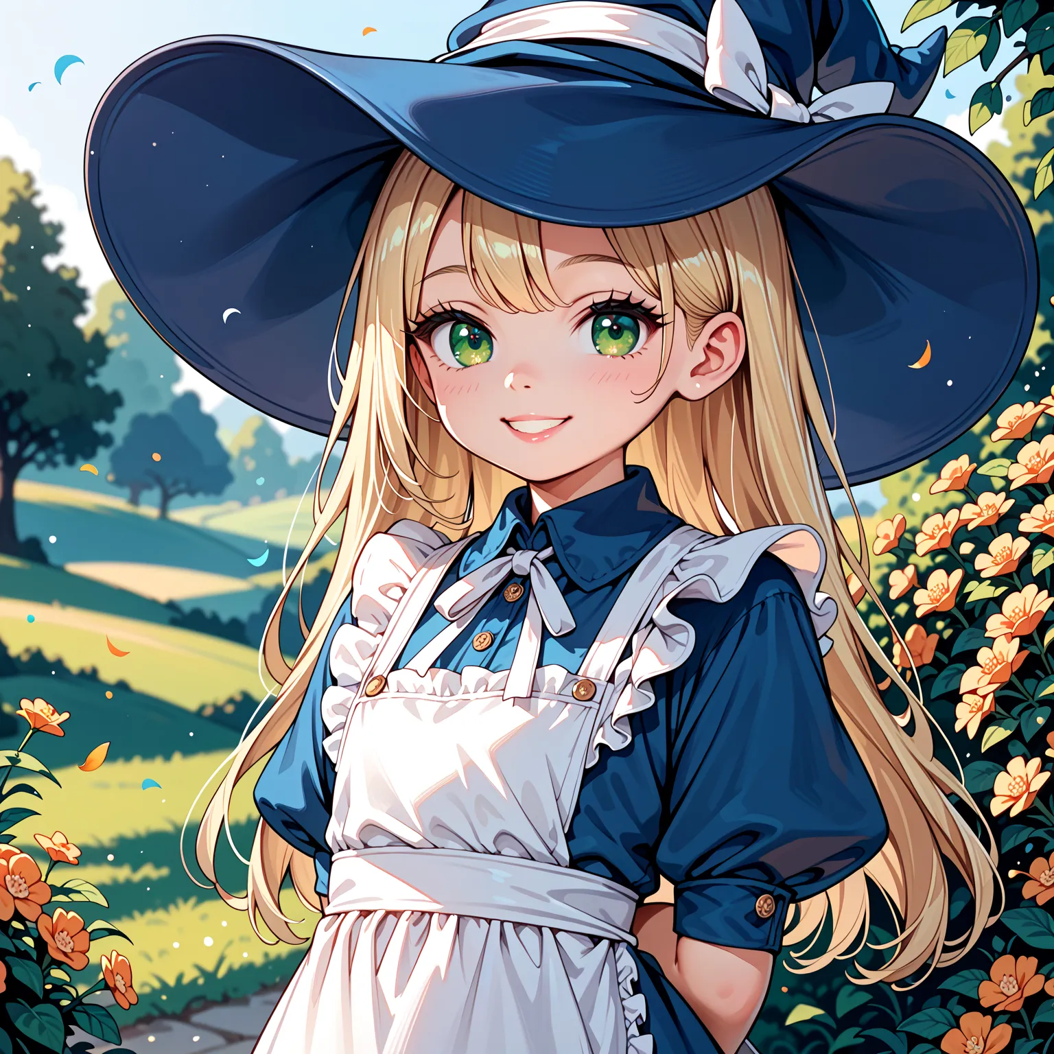 evening,closeup shot,toddler,round face,evil smiling,girl:1,Shining Green Eyes,beautiful skin,dark blue witch hat with white ribbon, wearing an apron,long blonde hair,Hands Behind Back,