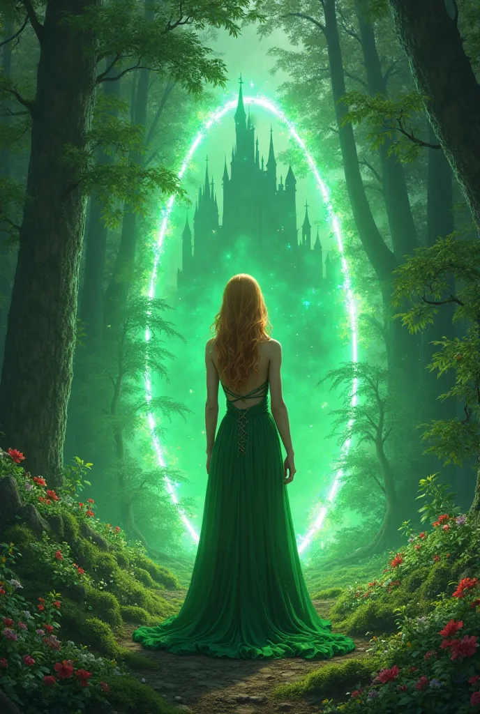 A woman with long light copper hair wearing a bright green dress with her back and in front a portal with a green light that leads to a dark castle in the middle of a magical forest.