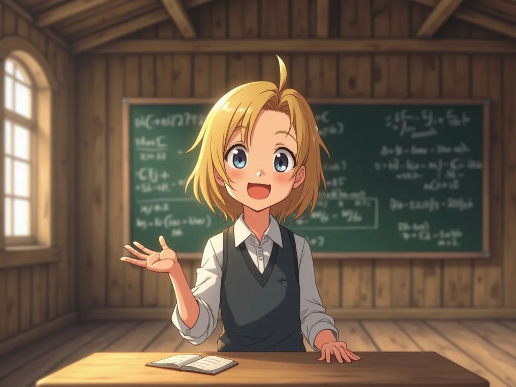 An anime Caucasian boy with long shoulder length blonde hair facing the camera that is delivering a maths lesson in front of a traditional blackboard in an empty barn. Simple background