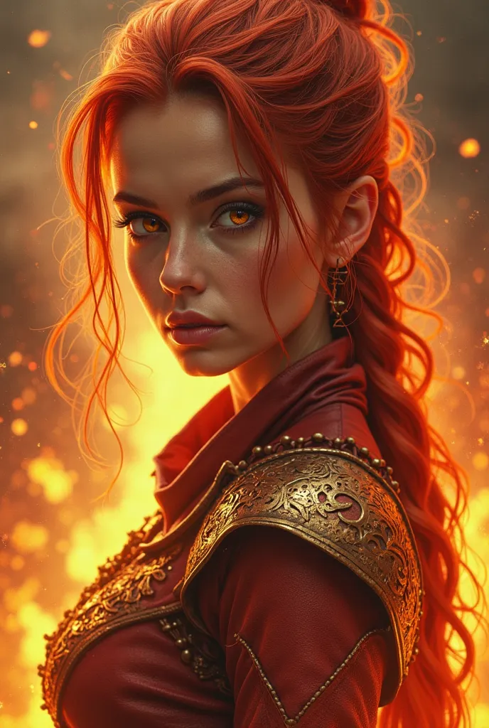 Fantasy book cover. Real fansrt. A background of flames and leftovers and smoke. A young fighter with reddish copper and gold hair with golden eyes and sharp eyes. She will be the best of all and be the most powerful reborn dragon. Real fanart. Book cover ...