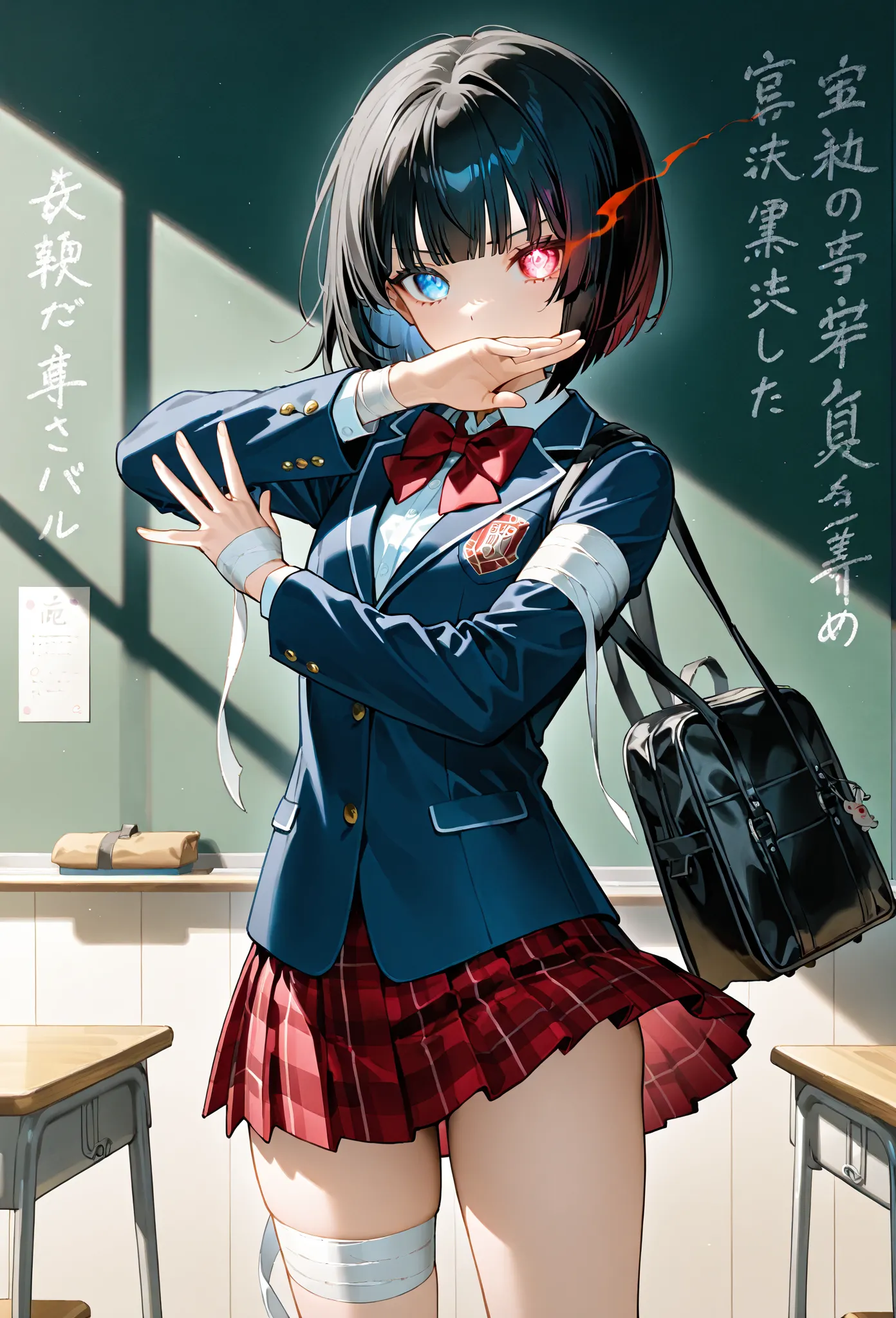 1 beautiful girl,Alone,black hair bob cut,heterochromia with red and blue, glowing eyes, school uniform,blazer,Red and black plaid midi skirt,Arm bandage,thighs bandage,Nakani-byo pose where you hide one eye with your hand, blackboard ,Next to the pulpit,c...