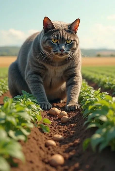 Muscular cat is cultivating potatoes in the field