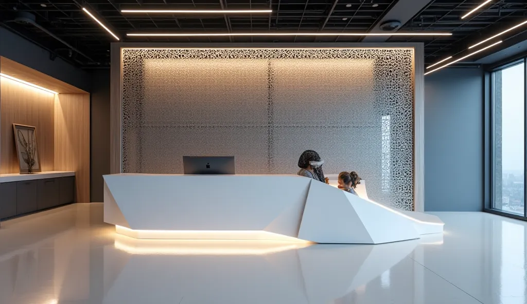 A bold and innovative office reception featuring a CNC-cut metal partition with an intricate laser-cut pattern, illuminated from behind with soft LED lighting. The metal surface has a brushed finish, adding a sleek industrial touch. The reception desk is a...