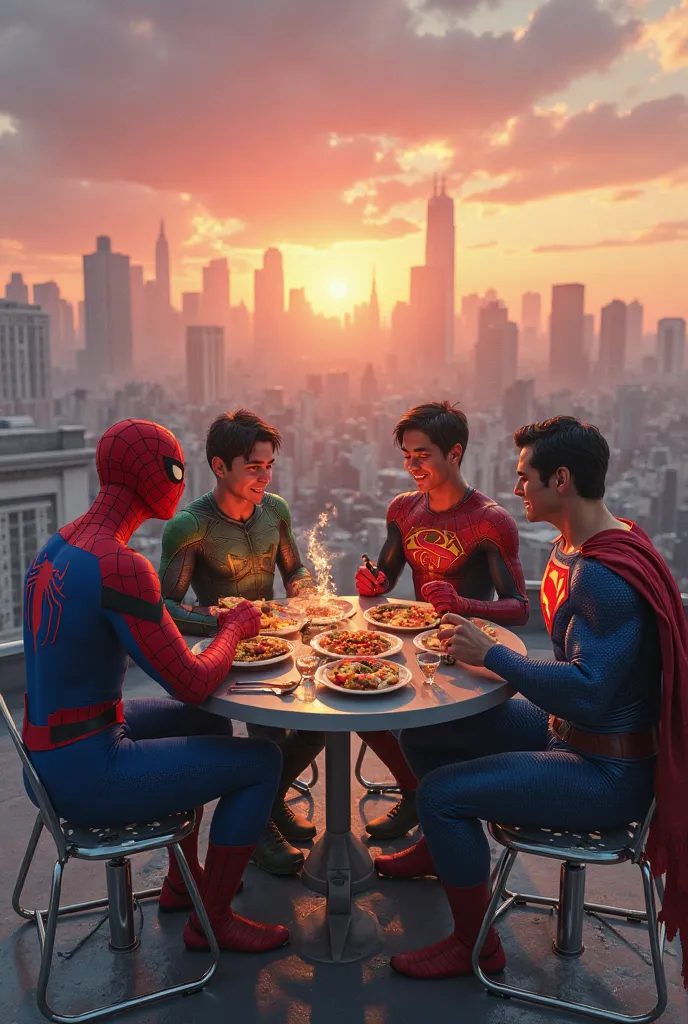 Spider-man, deku, Invincible and Superman eating sitting on a roof all four in their respective well-detailed costumes