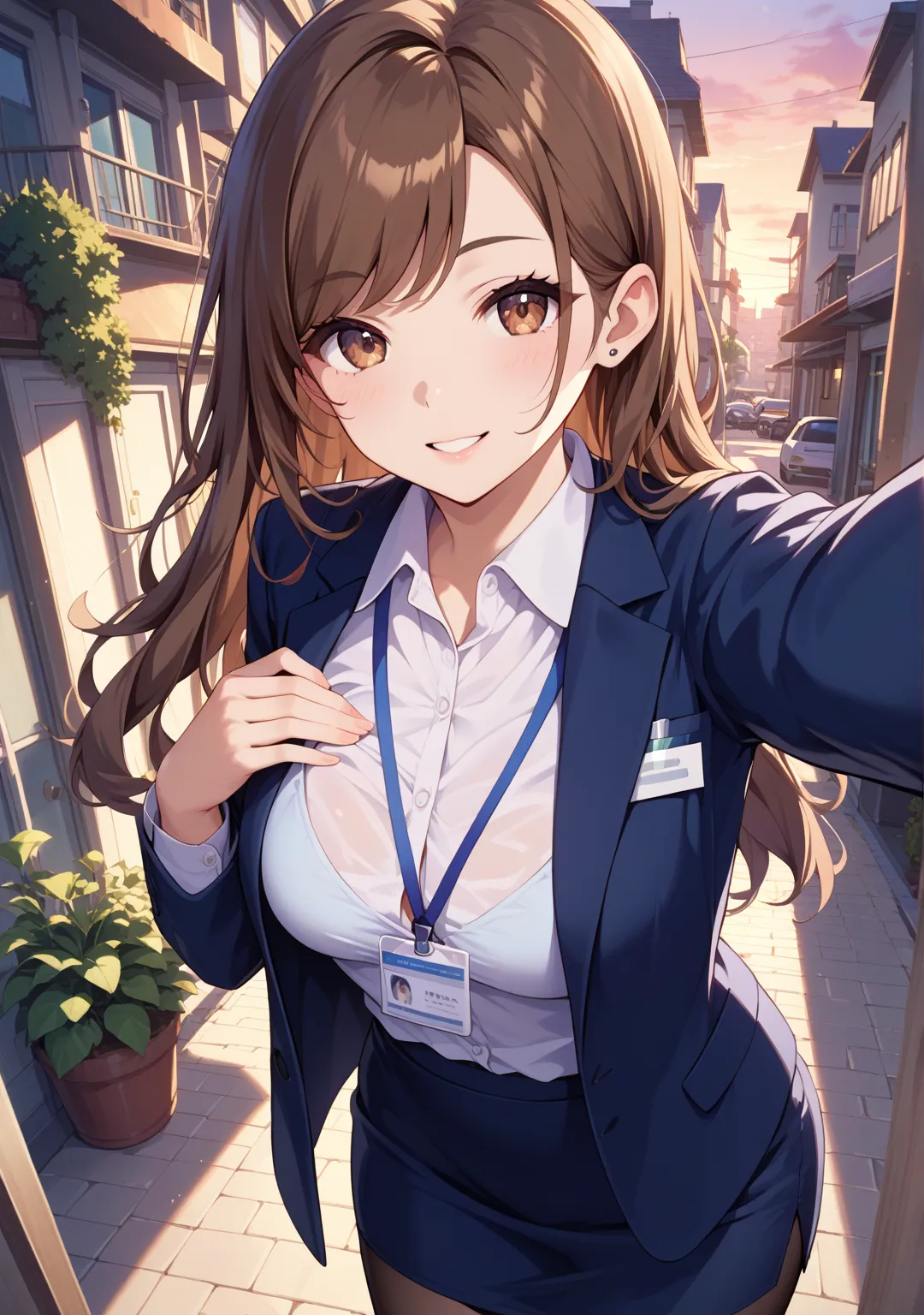 evening,Town,Selfie,nsfw,office lady,one girl,long hair,straight hair ,brown hair,brown eyes,swept bangs,white shirt, dark blue skirt, dark blue blazer,walk,id card holder