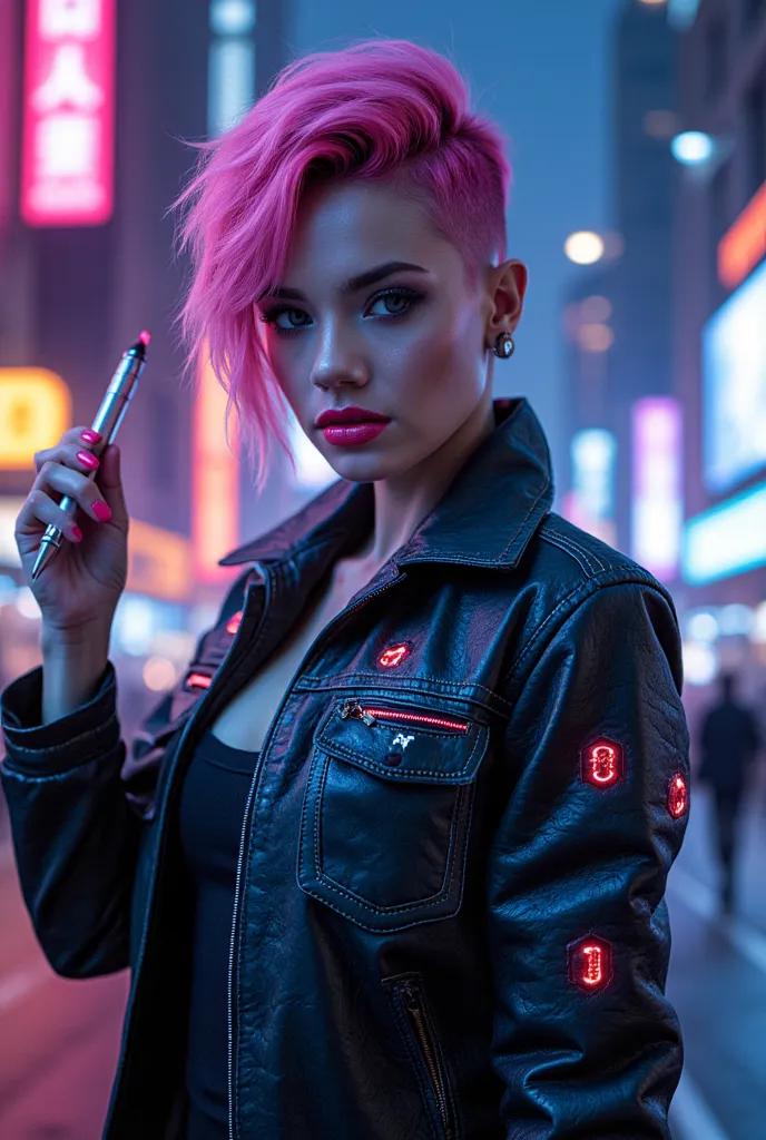 *Prompt:**  
*"A stunning young woman with sharp, futuristic features and glowing cybernetic enhancements holds a sleek, high-tech pen in her hand. She is wearing a **Cyberpunk 2077-style jacket**, detailed with neon accents, metallic textures, and glowing...