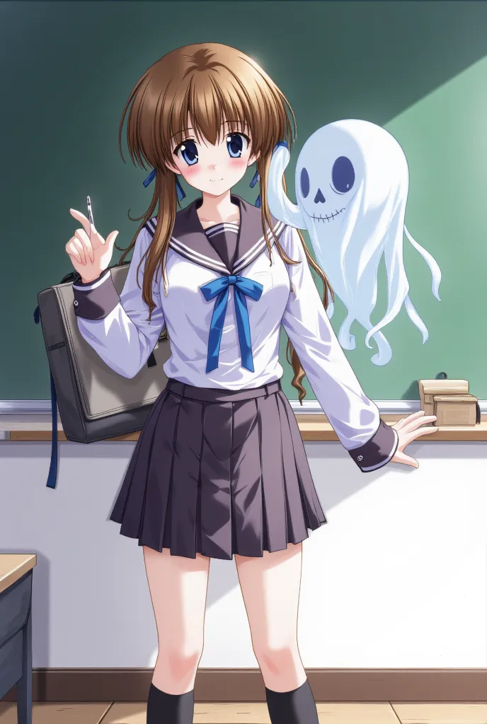 １ bashful girl、Ghost of a skull on the shoulder、The ghost of a skull covered in blue energy、 school uniform、sailor suit、pleated skirt、school bag 、chool classroom from below、 chalkboard、smile、