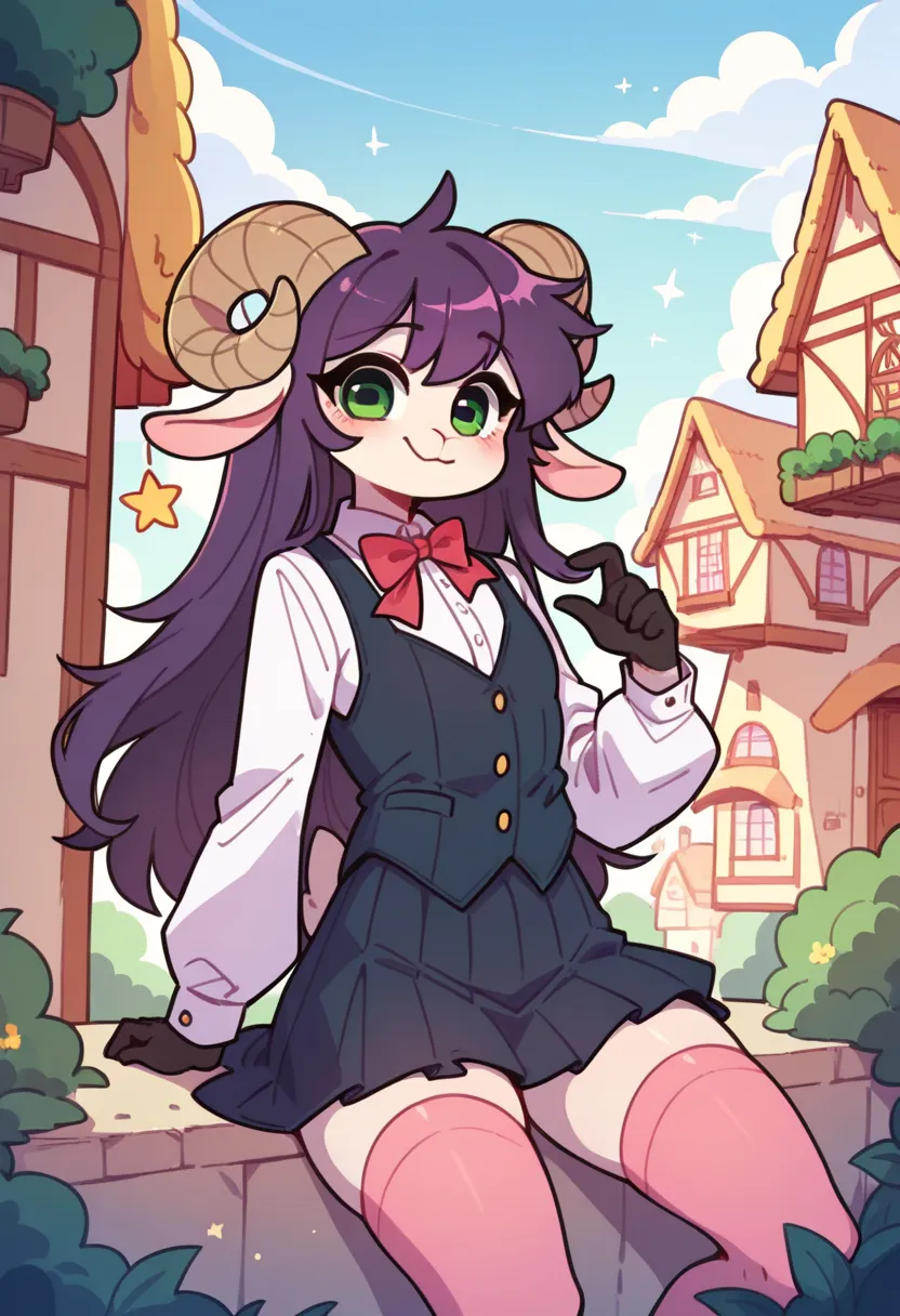  excited expression ,sheep horns, lamb tail  , Anthropomorphic half drum, half-human,  Light skin  ,  purple hair,  purple long hair ,  Light skin ,  green eyes ,  costume extra long hair,(19 years old), flat chest, One, village, skirt, vest, white shirt, ...